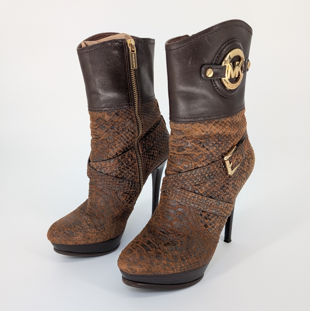 Michael Kors Brown Leather Snake Print Platform Stiletto Ankle Boots | Size 8